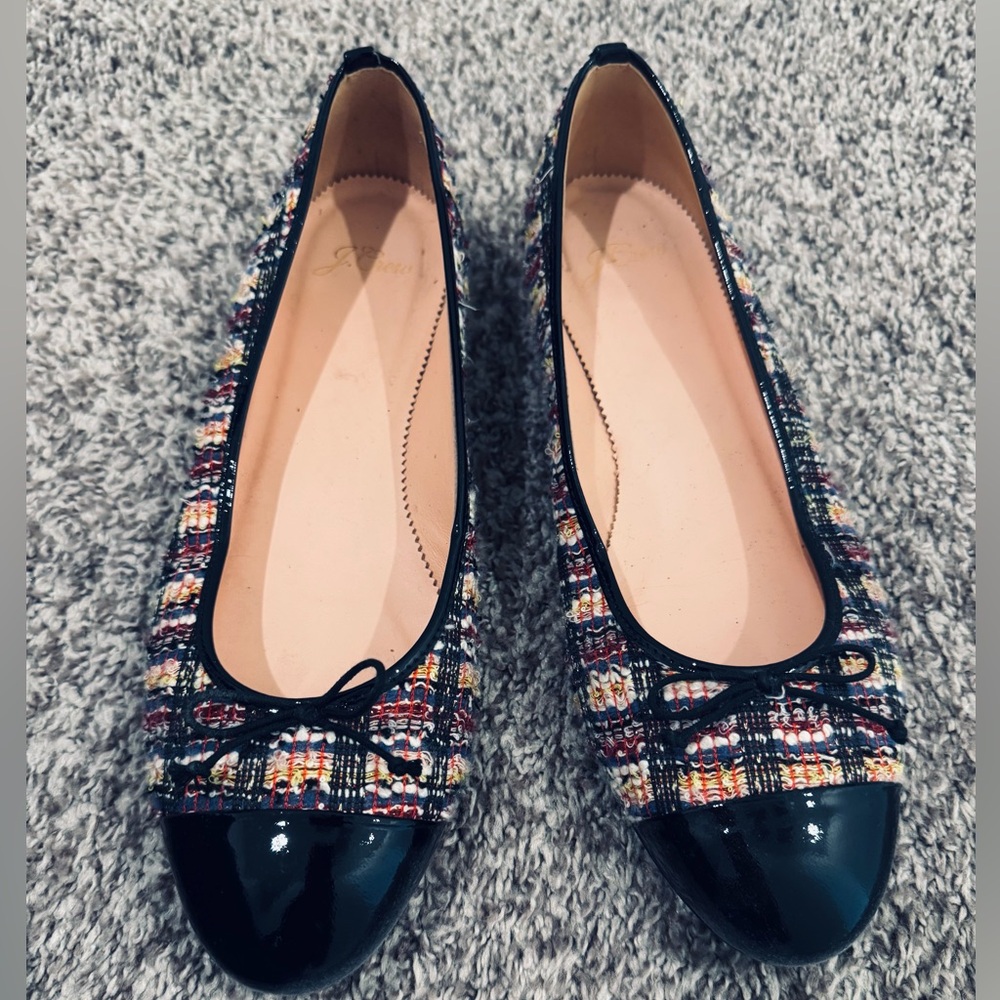 J Crew Chic Multicolor Tweed Ballet Flats with Black Cap Toe